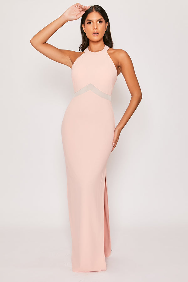 Corina - Pink High Neck Thigh Split Evening Dress