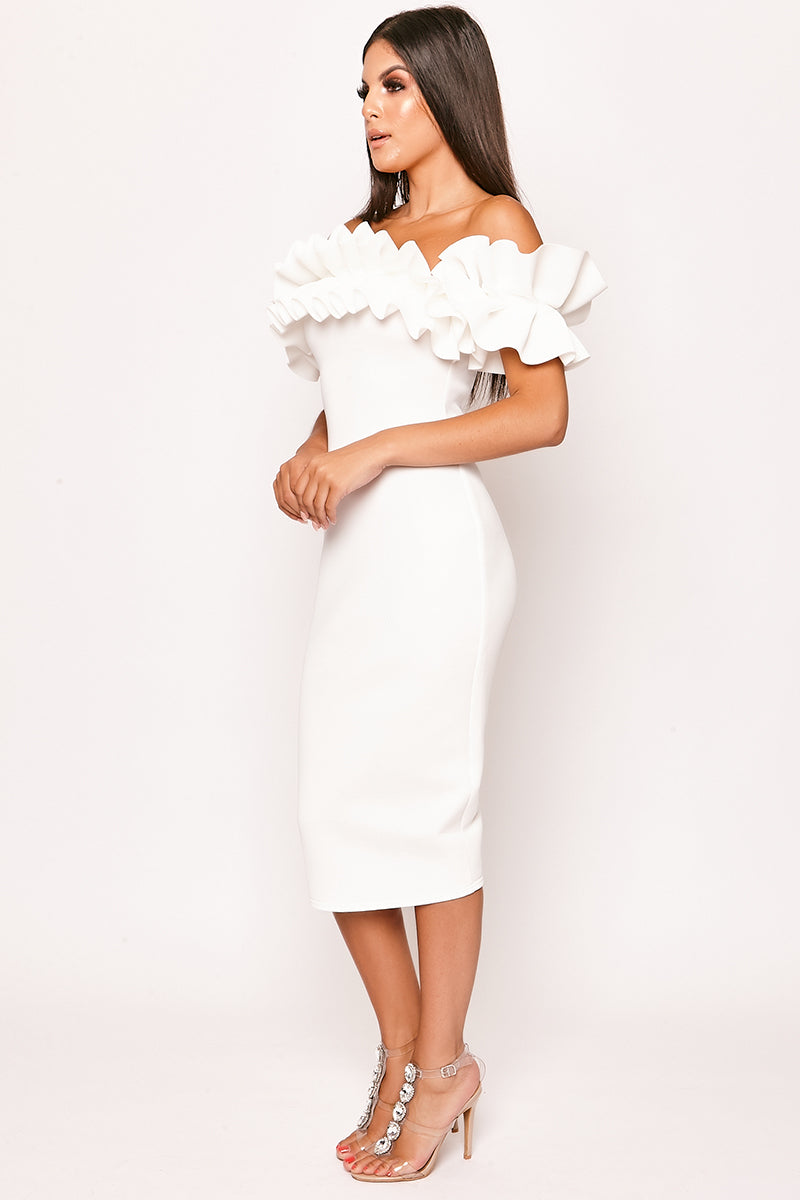 white bardot dress Laurica - White Bardot Extreme Frill Bodycon Scuba Midi Dress | Bardot Dresses
