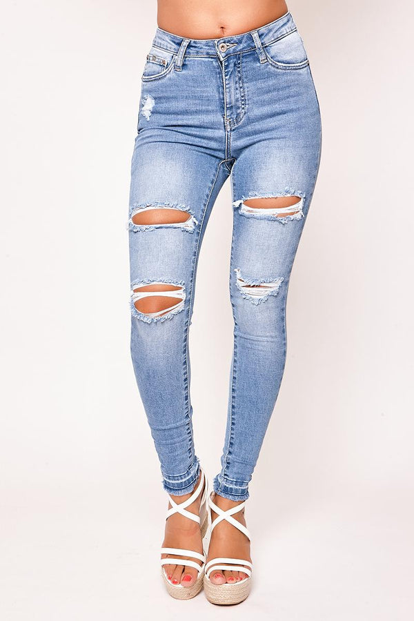 Bree - Blue High Waisted Ripped Skinny Jeans 