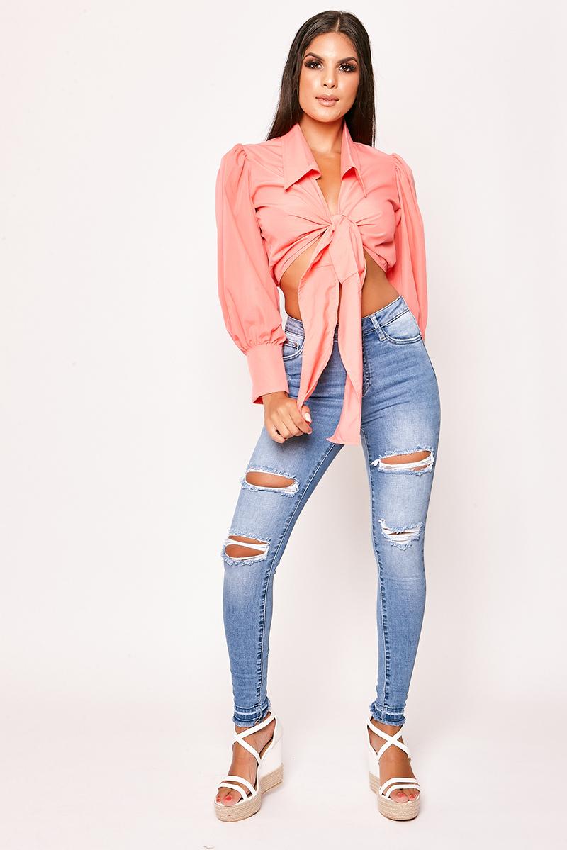 Islie - Pink Tie Front Cropped Shirt