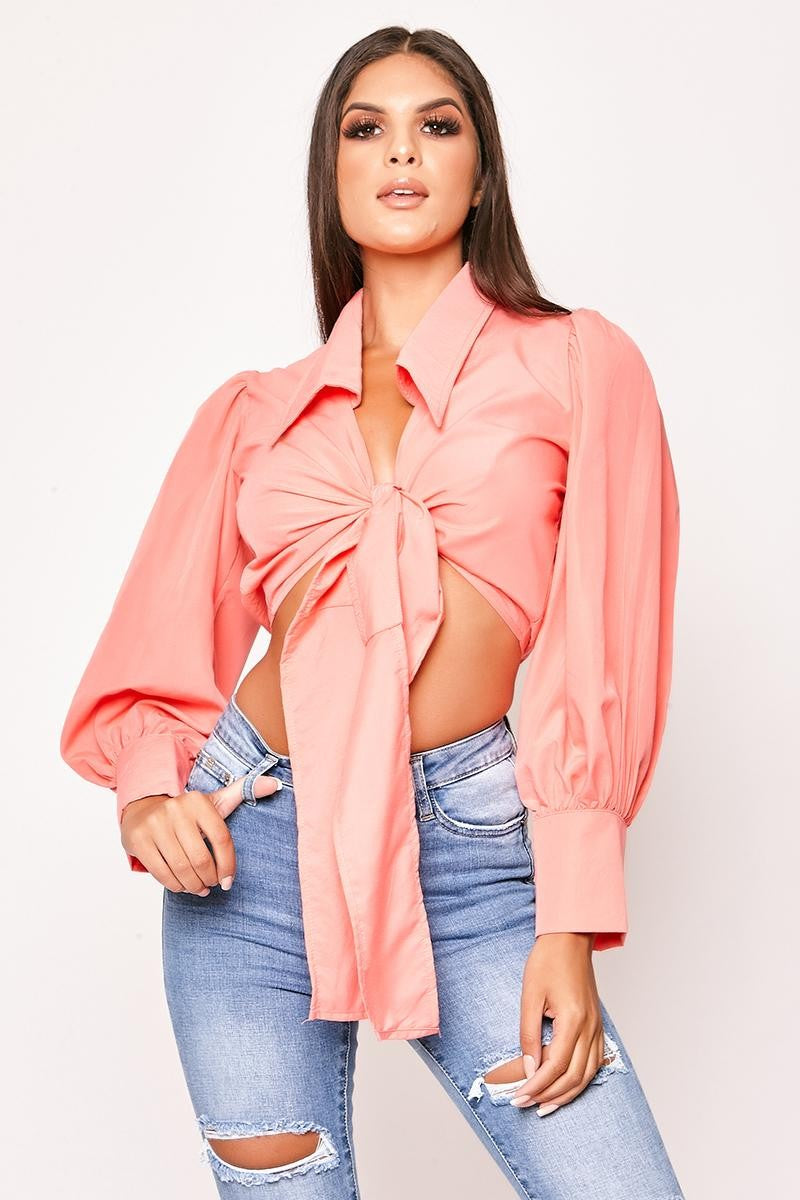 Islie - Pink Tie Front Cropped Shirt
