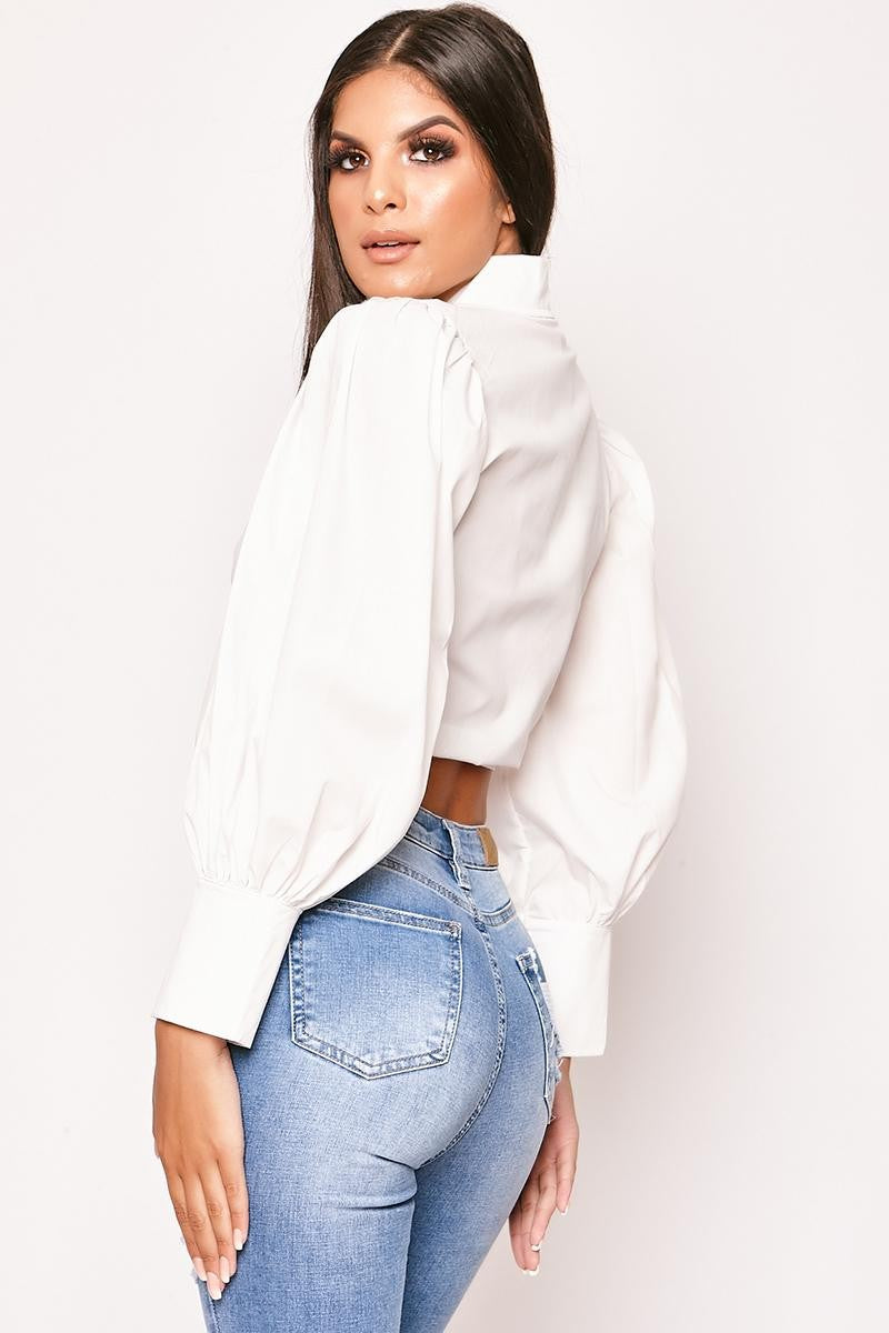 Islie - White Tie Front Cropped Shirt