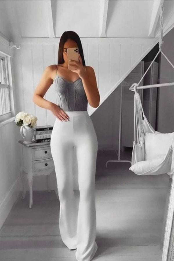 Lucy - White High Waisted Kick Flare Trousers