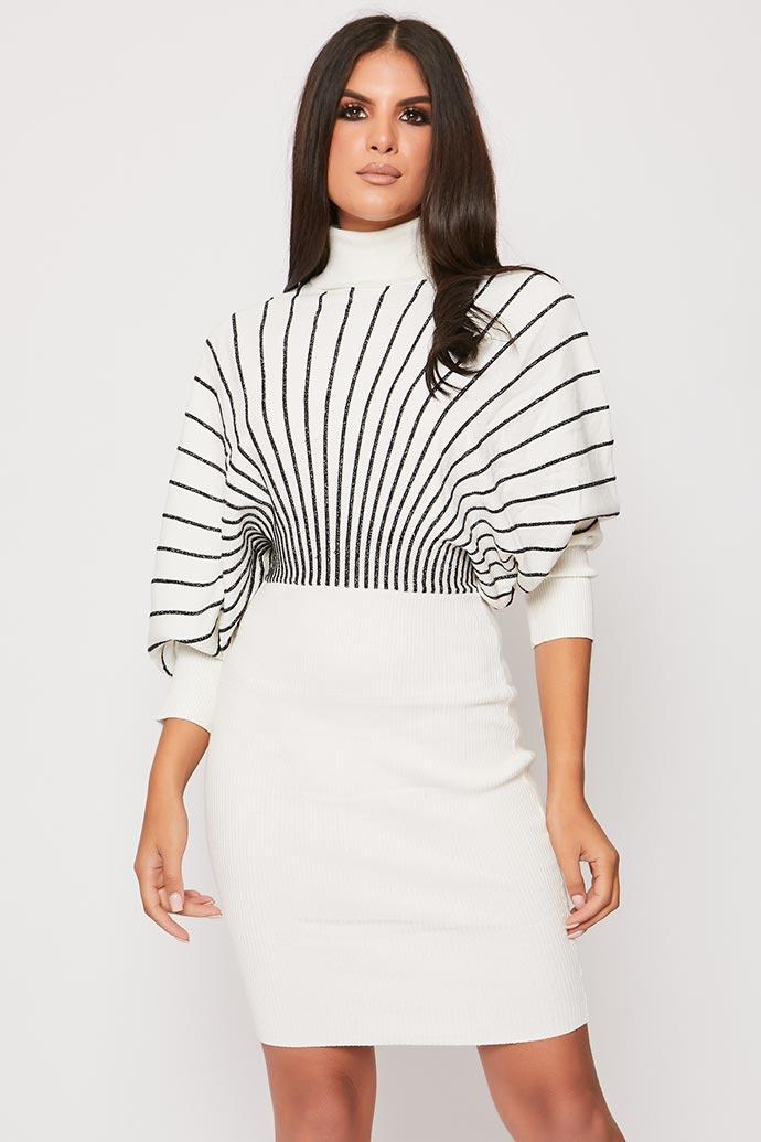 Natashie - White & Black Striped Polo Neck Jumper Dress
