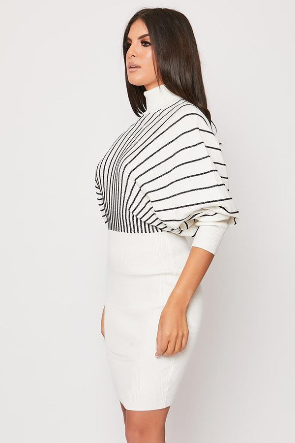 Natashie - White & Black Striped Polo Neck Jumper Dress