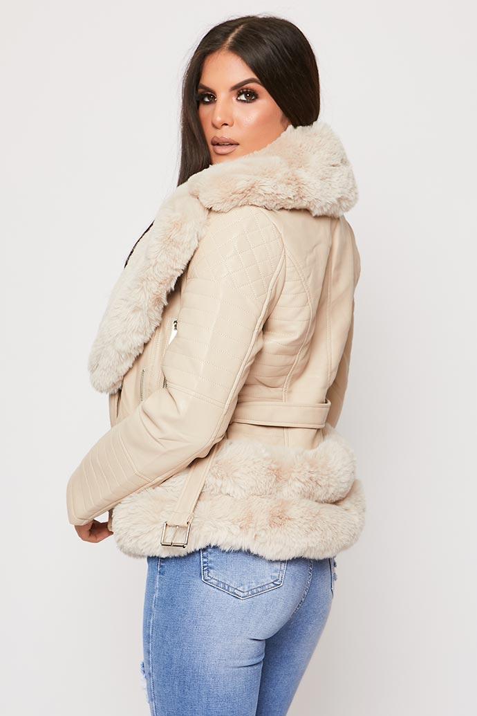 Ryleigh - Cream Faux Fur Leather Trim Biker Jacket