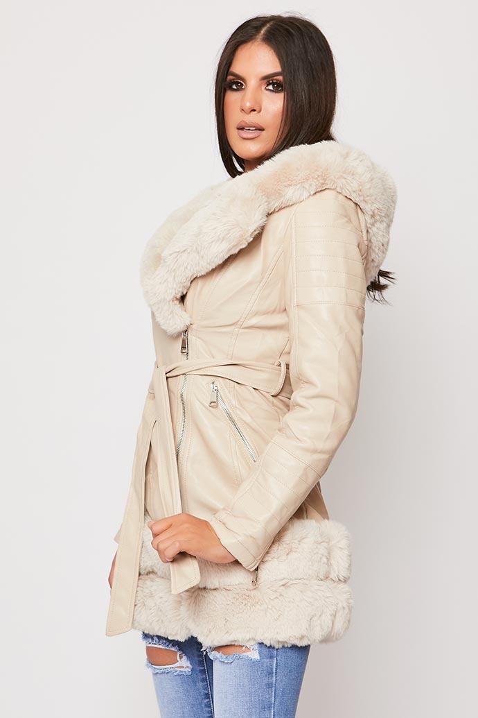 Londyn - Cream Faux Fur Hooded Aviator Coat