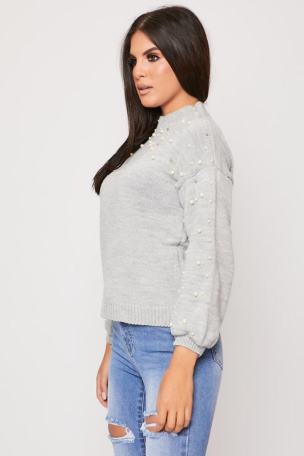 Carmelle - Grey Pearl Embellished Knitted Jumper