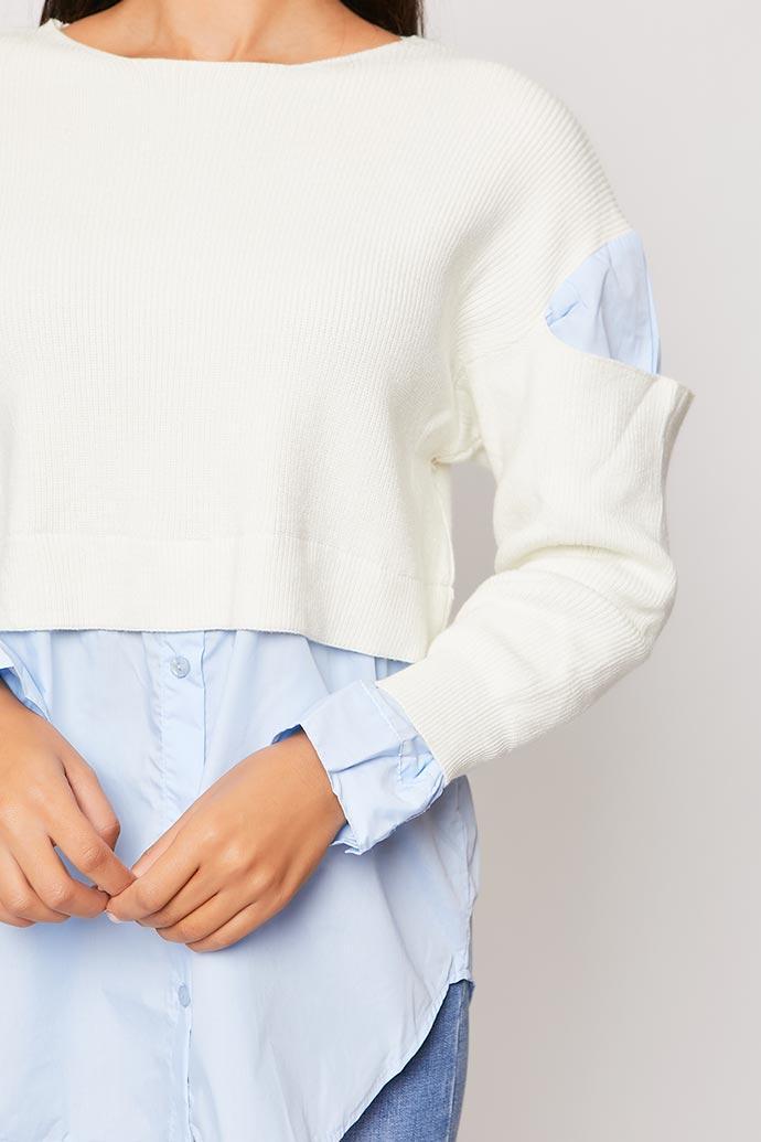 Kayden - White Knitted Cut Out Shoulder Shirt Jumper