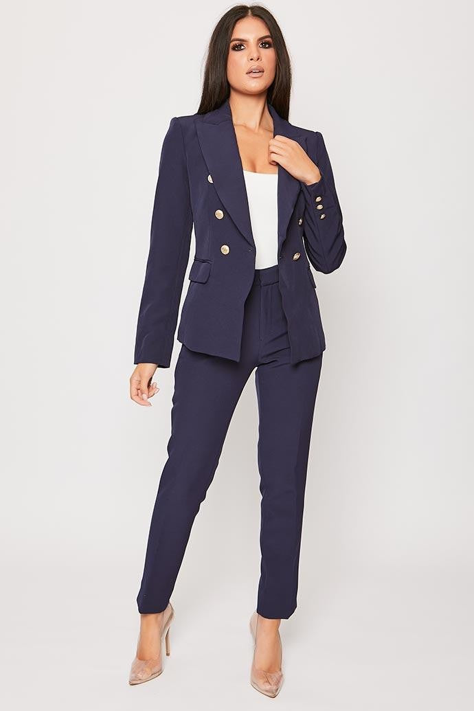 Neveah - Navy Puff Shoulder Blazer & Trouser Suit