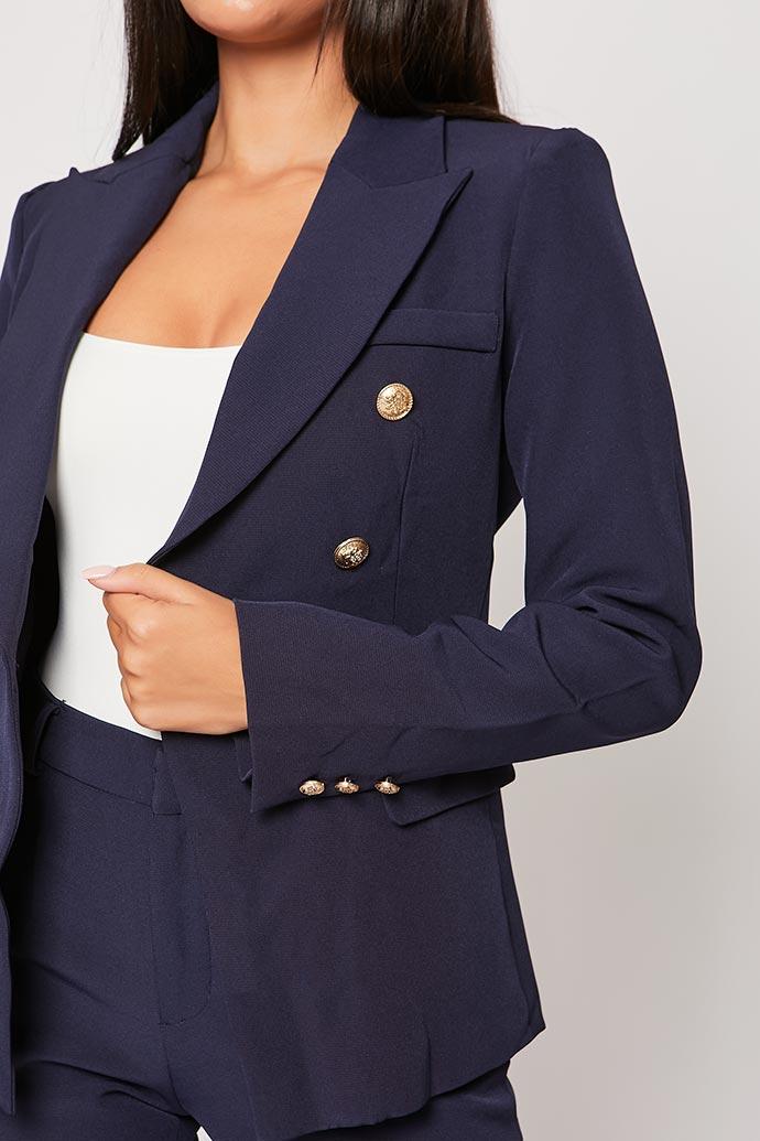 Neveah - Navy Puff Shoulder Blazer & Trouser Suit