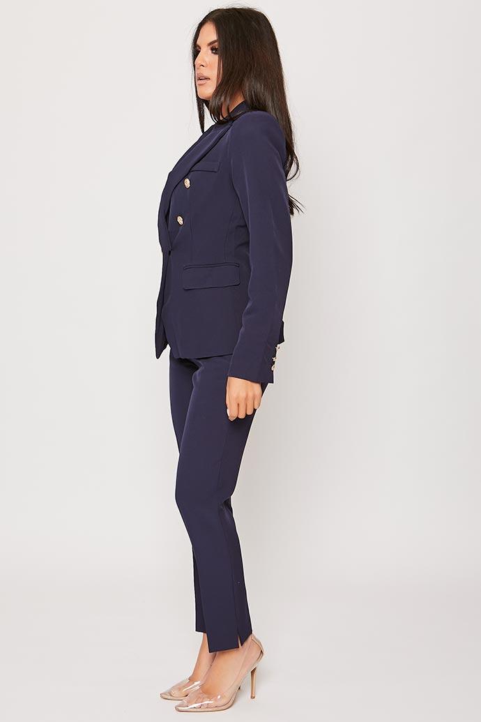 Neveah - Navy Puff Shoulder Blazer & Trouser Suit