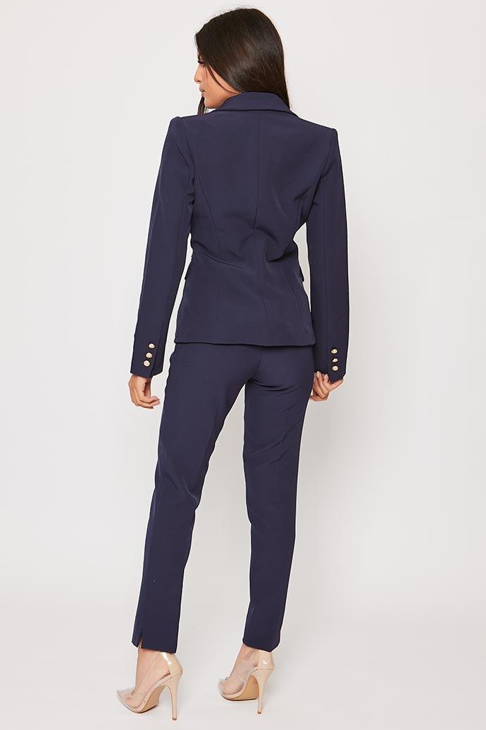 Neveah - Navy Puff Shoulder Blazer & Trouser Suit