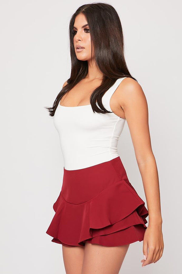 Lindi - Wine Ruffle Hem Shorts