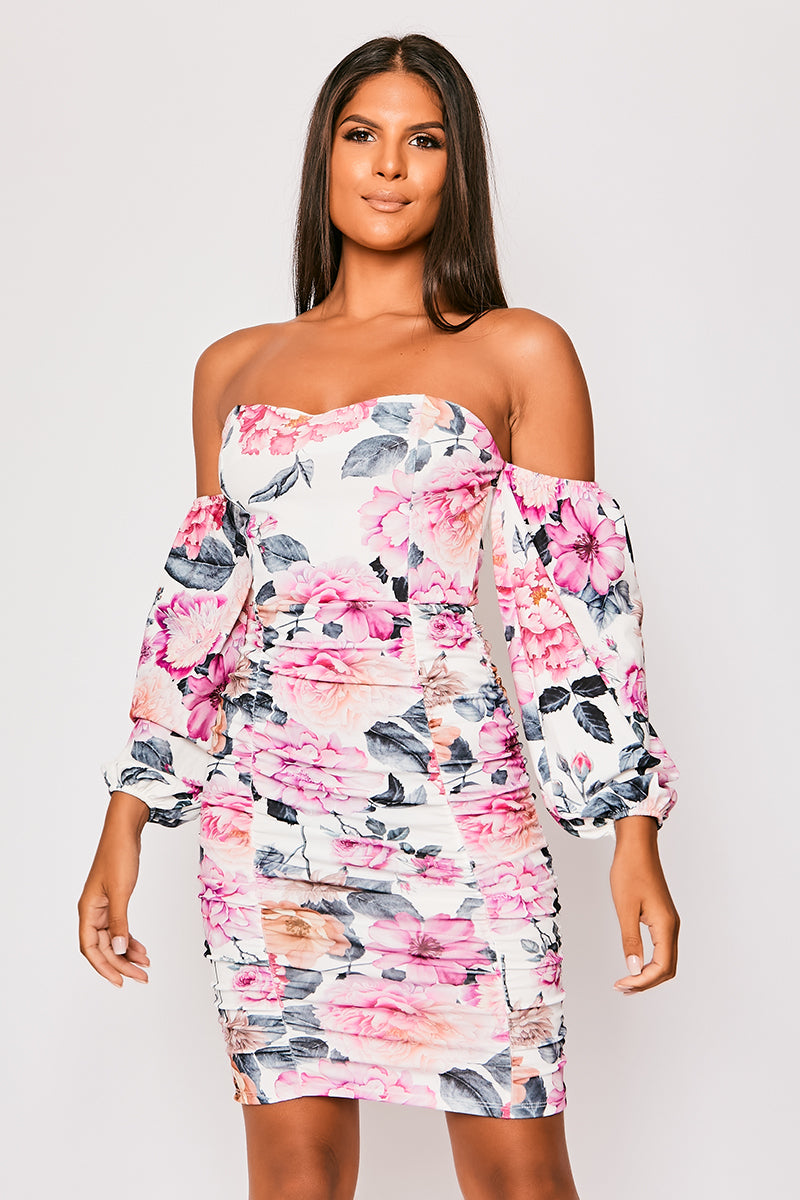 Aubrie - White Floral Ruched Bardot Puff Sleeve Mini Dress