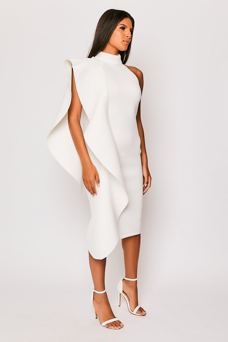 Sephy - White Scuba Frill Layered Bodycon Midi Dress