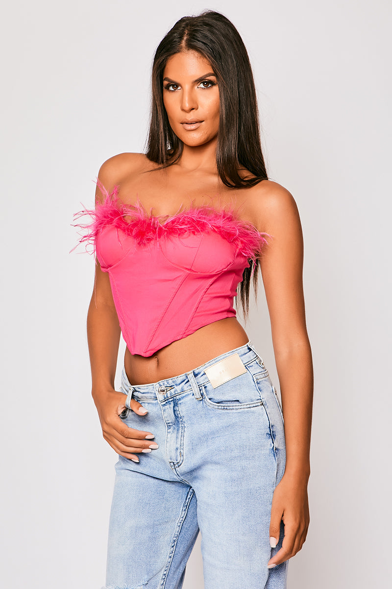 Sophie - Hot Pink Feather Trim Top