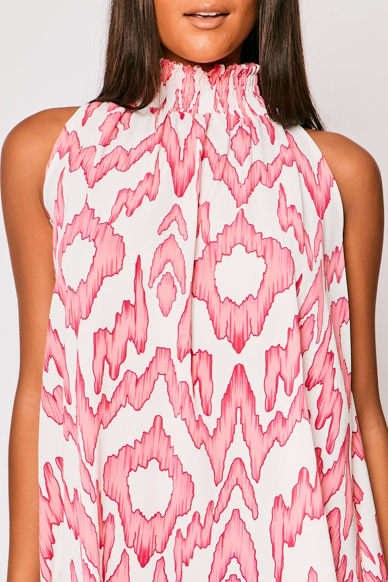 Opal - White & Pink Printed High Neck Mini Dress