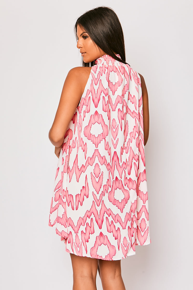 Opal - White & Pink Printed High Neck Mini Dress