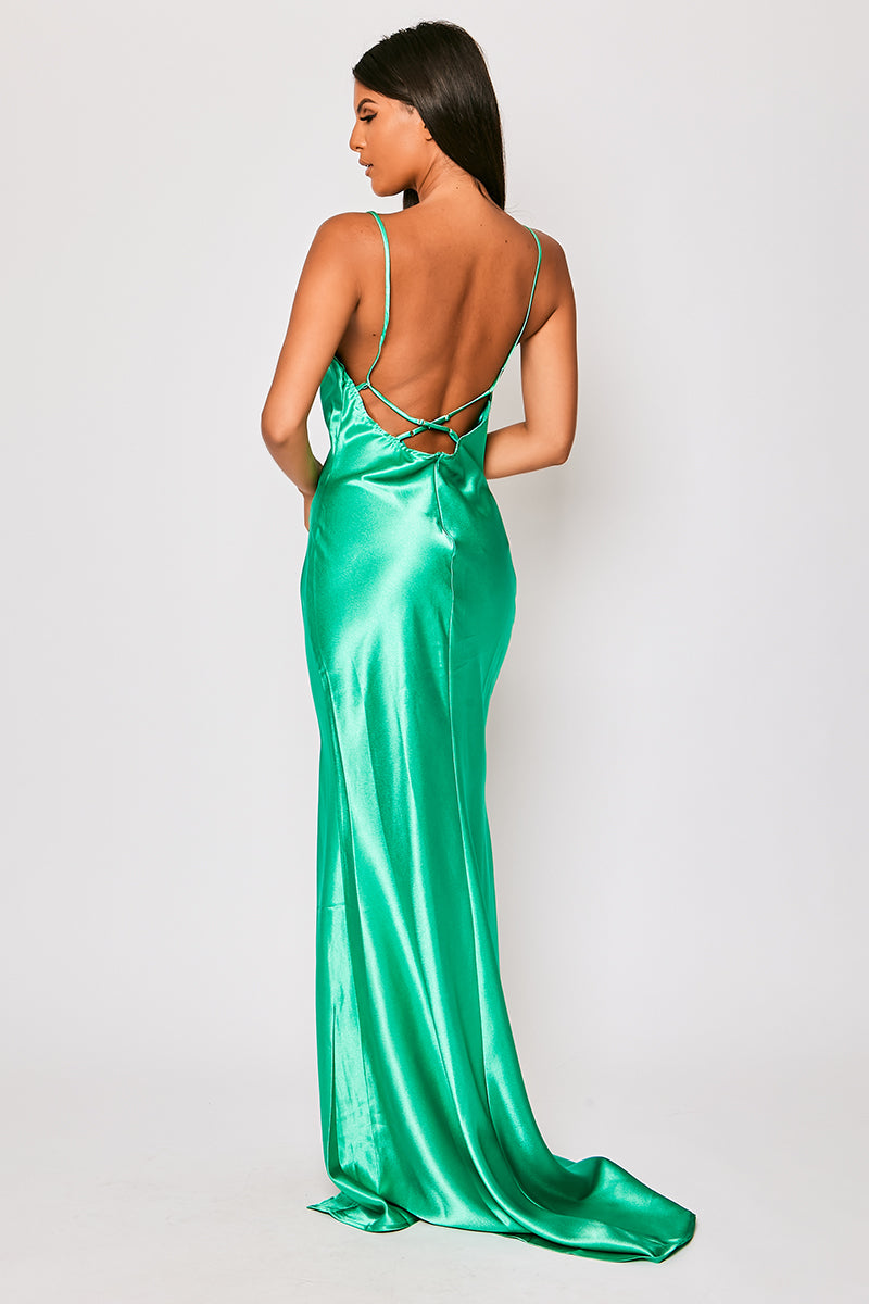 Aurora - Green Satin Backless Cowl Neck Evening Dress