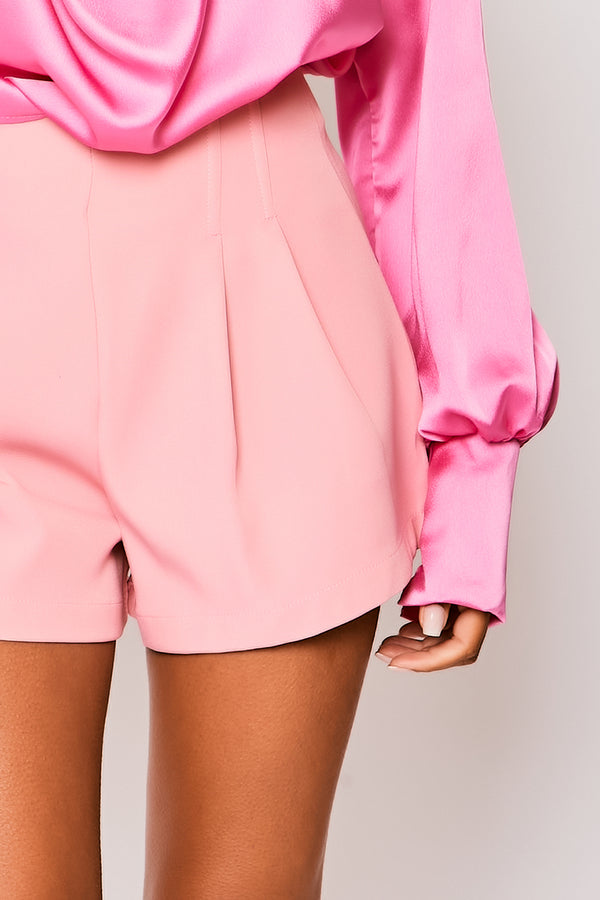 Monica - Pink Pleated Trim High Waisted Shorts