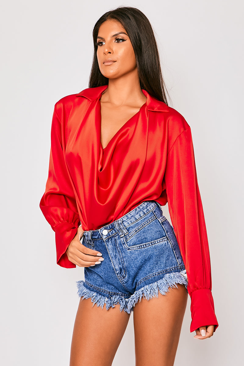 Paige - Red Satin Cowl Neck Blouse