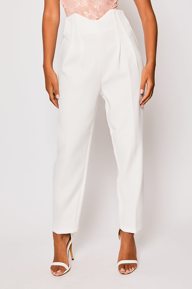 Corrine - White Pleated High Waisted Tailored Trousers