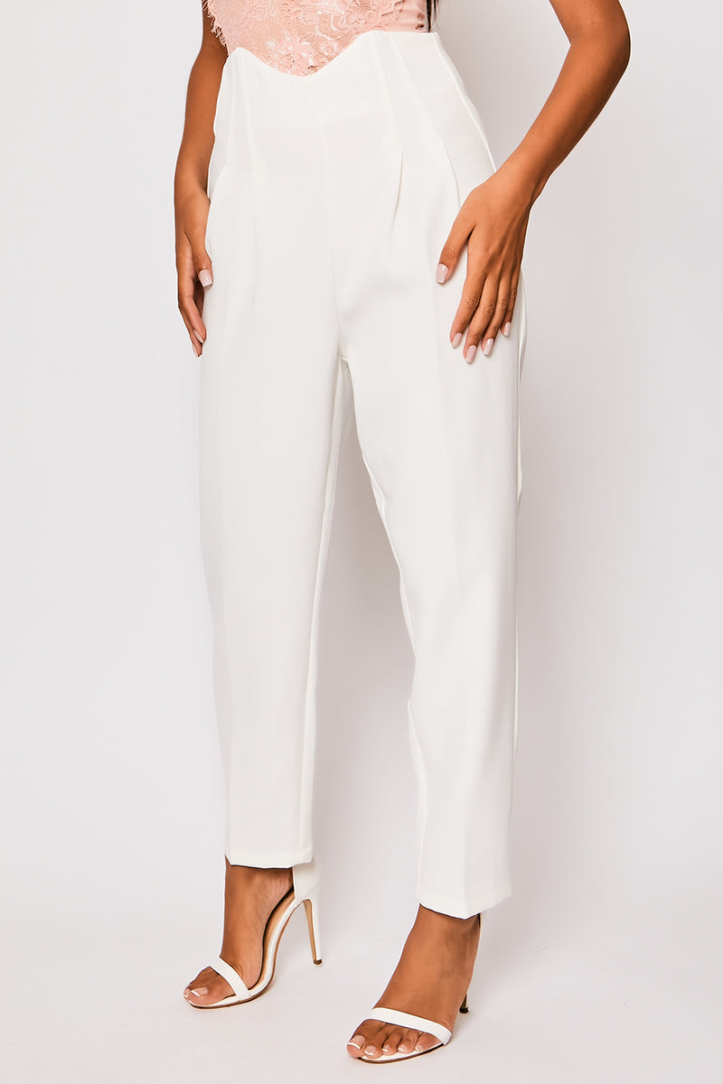 Corrine - White Pleated High Waisted Tailored Trousers