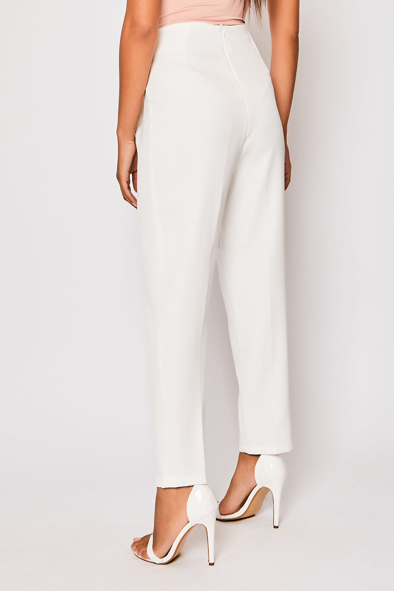 Corrine - White Pleated High Waisted Tailored Trousers