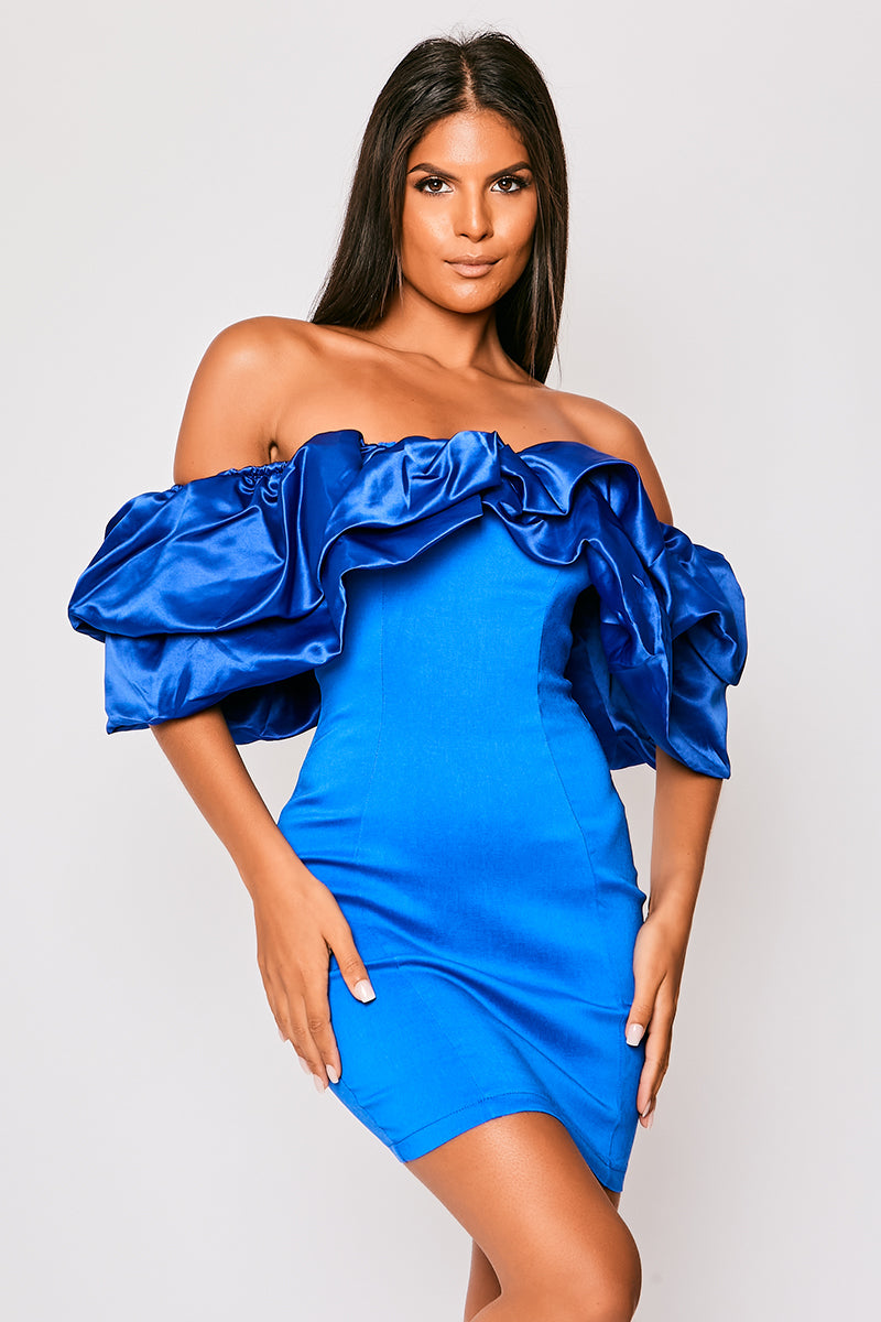 Alexandria - Royal Blue Satin Bardot Frill Mini Dress