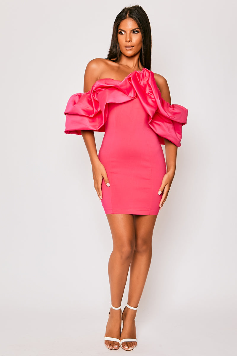 Alexandria - Hot Pink Satin Bardot Frill Mini Dress
