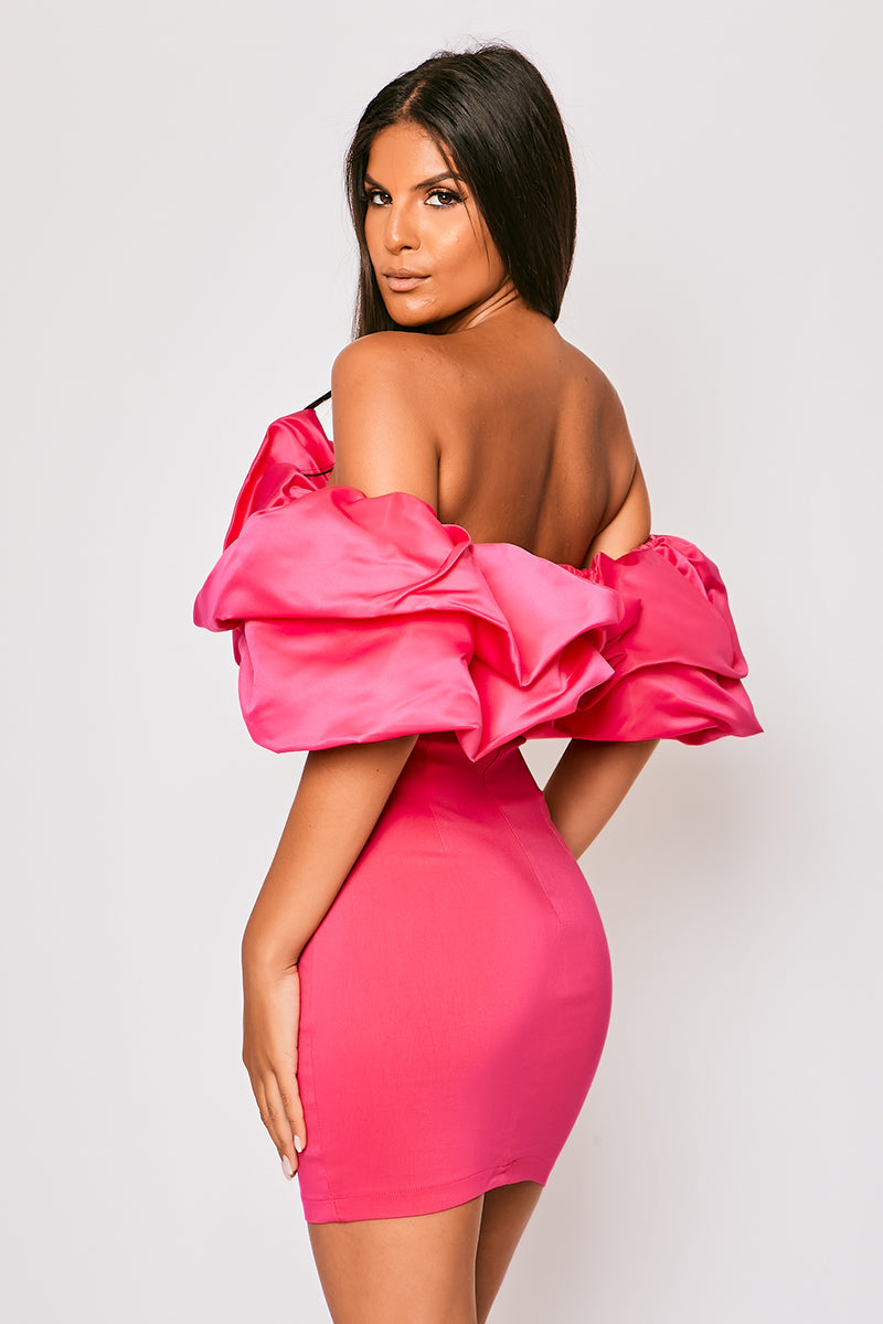 Alexandria - Hot Pink Satin Bardot Frill Mini Dress