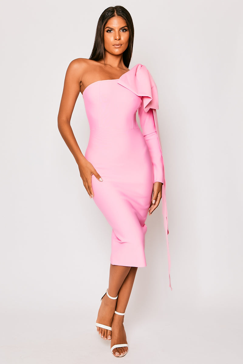 Mariella - Pink One Shoulder Bandage Midi Dress