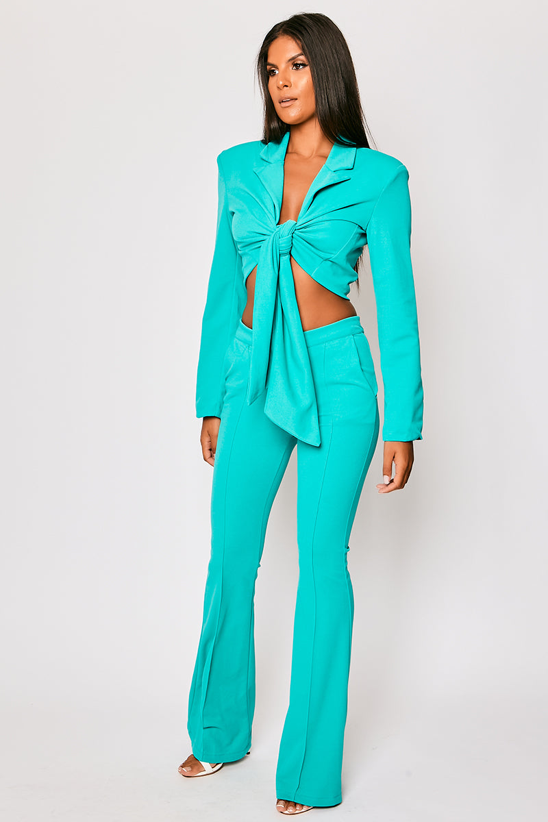 Blair - Turquoise Tailored Front Knotted Blazer & Bell Bottom Trouser Set