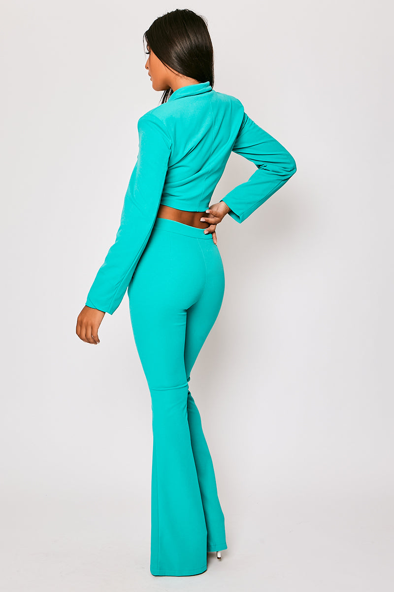 Blair - Turquoise Tailored Front Knotted Blazer & Bell Bottom Trouser Set