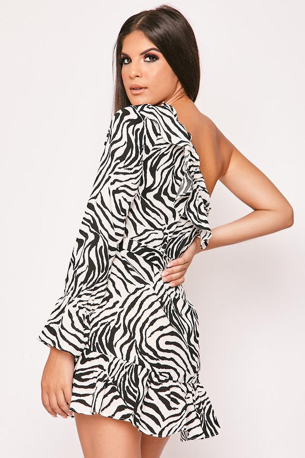 Charlie - Zebra Print One Shoulder Frill Dress