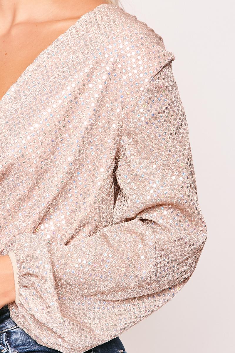 Laelee - Pink Sequin Long Sleeve Plunge Bodysuit