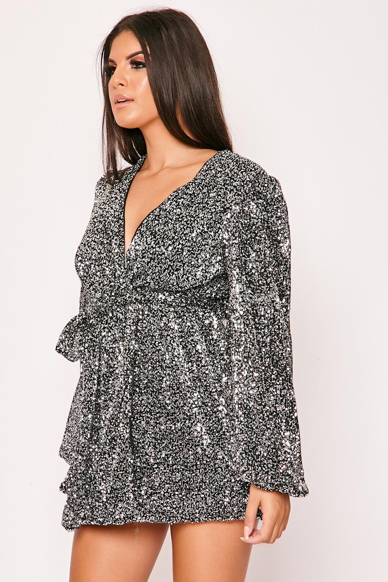 Harrietta - Silver Black Plunge Sequin Mini Wrap Dress