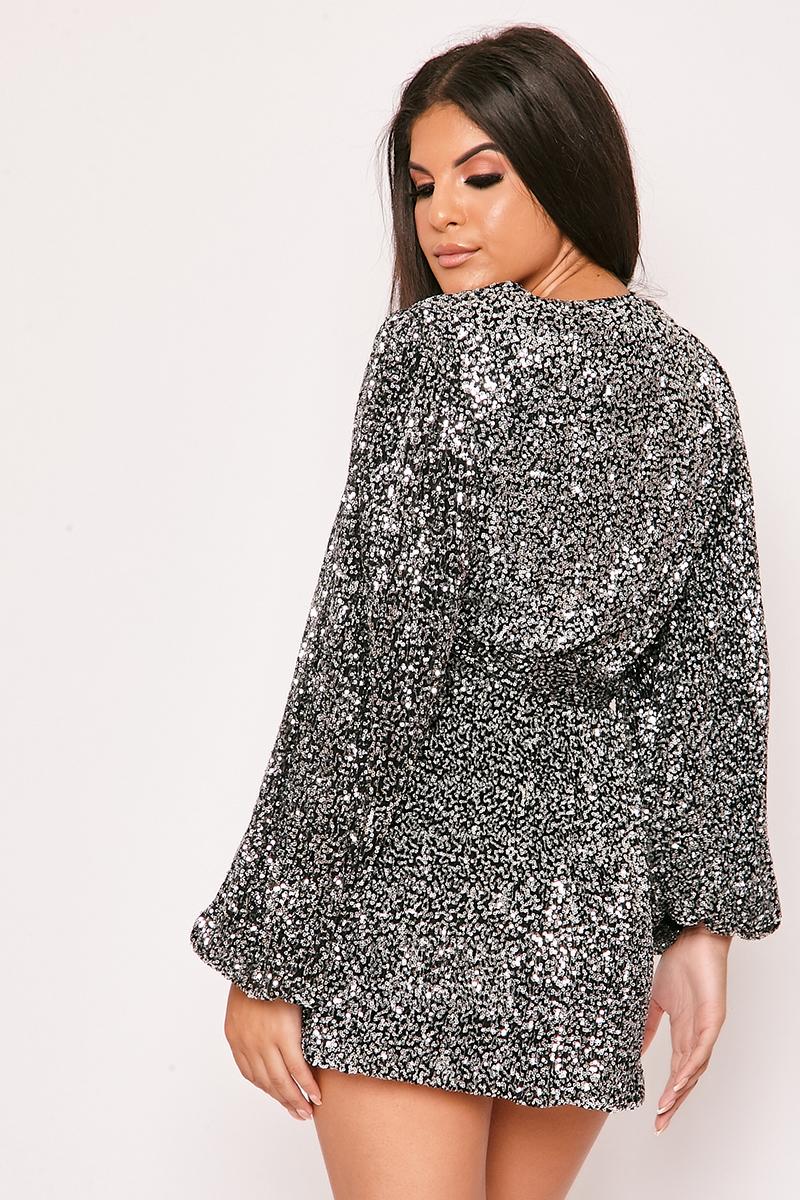 Harrietta - Silver Black Plunge Sequin Mini Wrap Dress