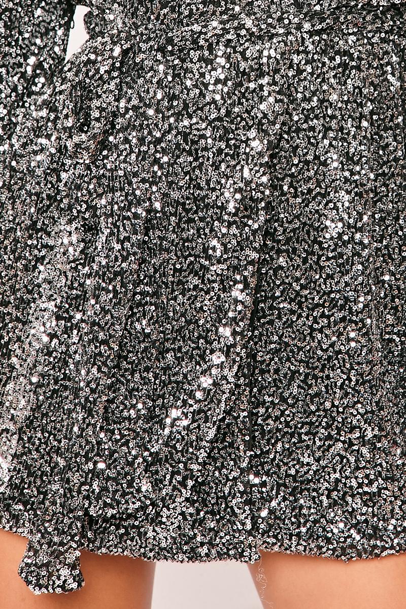 Harrietta - Silver Black Plunge Sequin Mini Wrap Dress