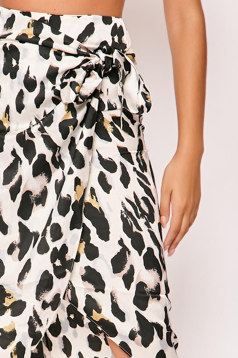 Indiyah - White Leopard Side Tie Up Satin Skirt
