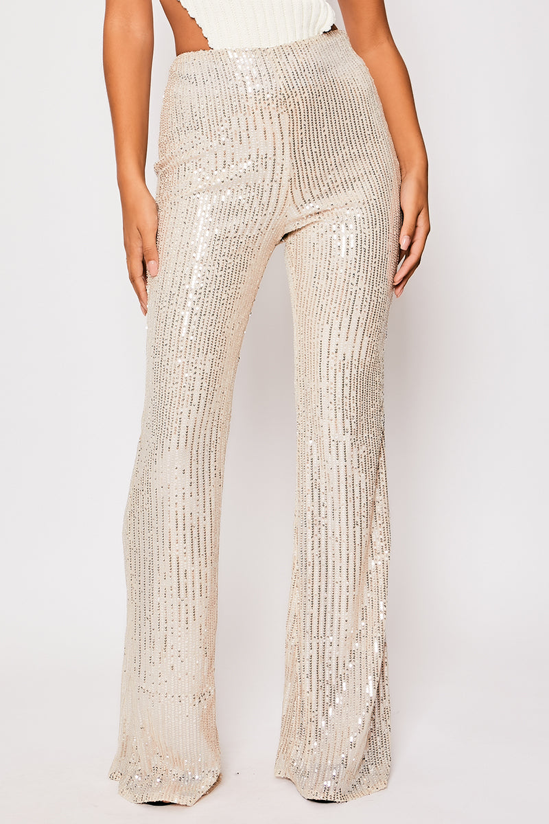Reegan - Champagne Sequin High Waisted Flared Trousers