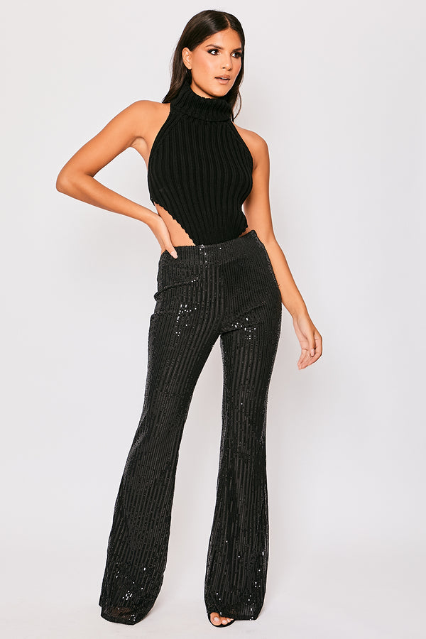 Bobbie - Black Roll Neck Thick Rib Backless Top