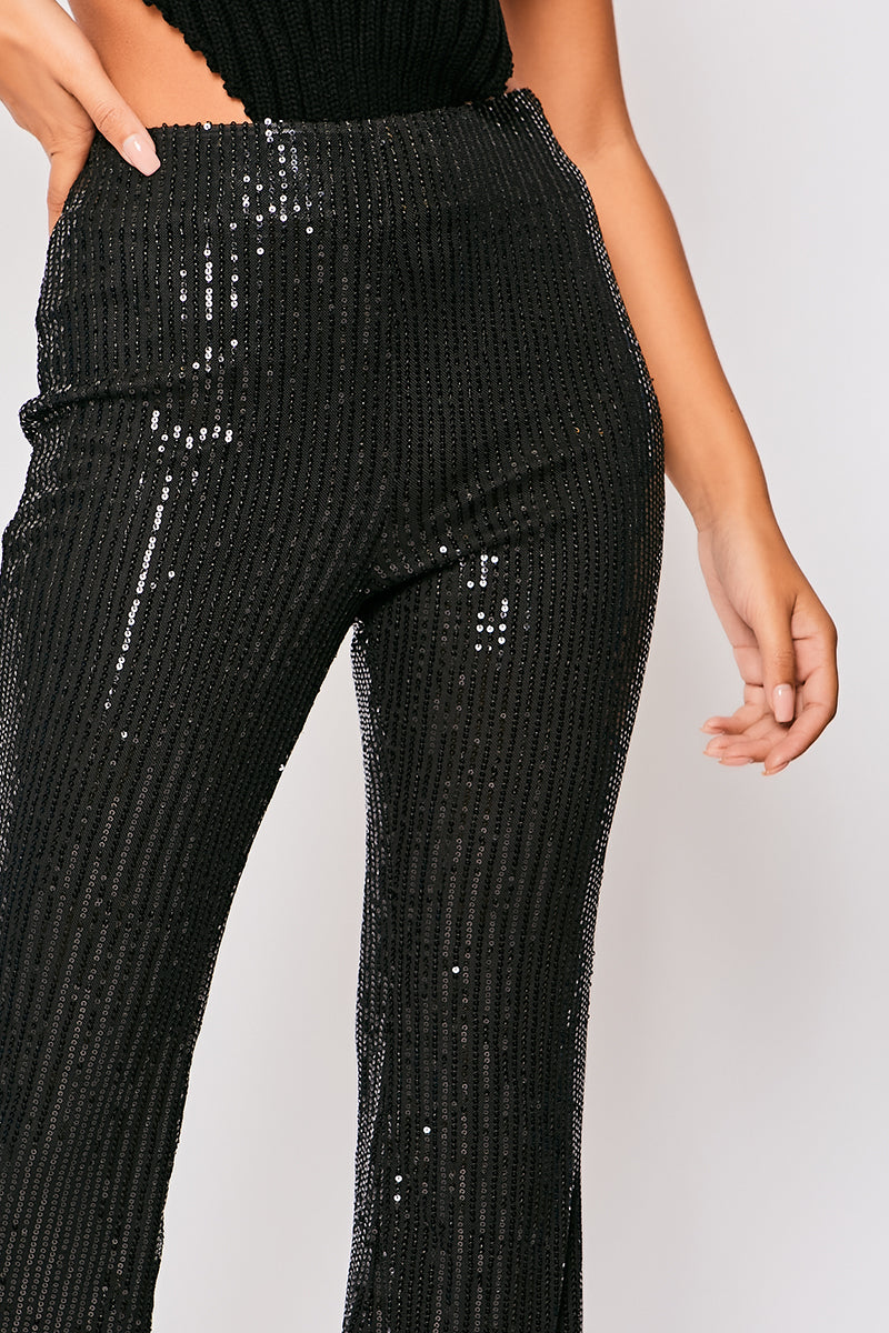 Reegan - Black Sequin High Waisted Flared Trousers