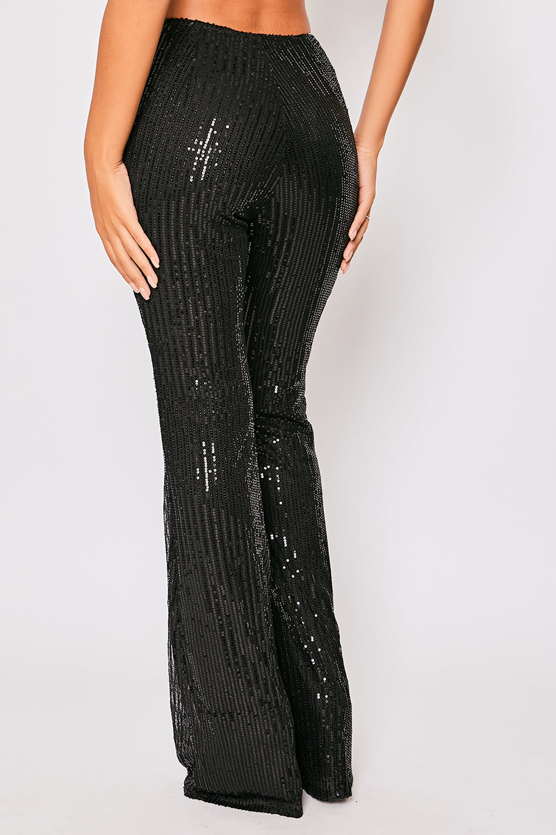 Reegan - Black Sequin High Waisted Flared Trousers