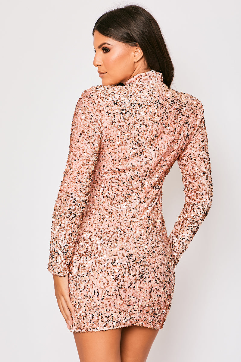 Leia - Rose Pink Long Sleeve High Neck Sequin Bodycon Dress