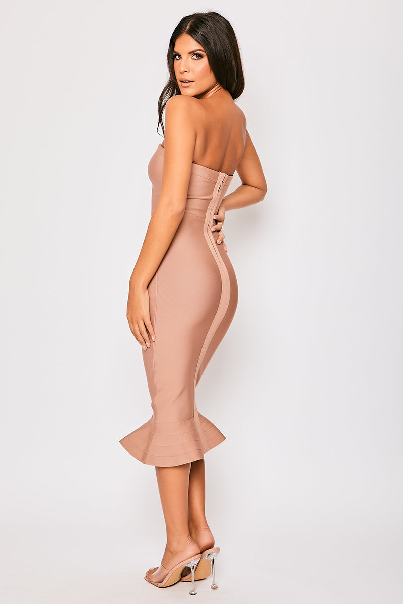 Pennie - Tan Strapless Fishtail Bandage Midi Dress