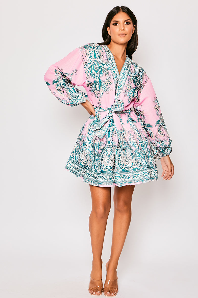 Marquis - Pink Paisley Belted Flare Mini Dress