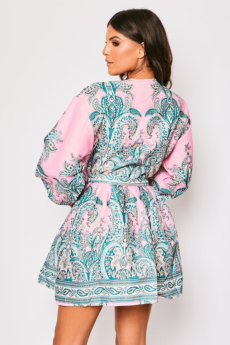 Marquis - Pink Paisley Belted Flare Mini Dress