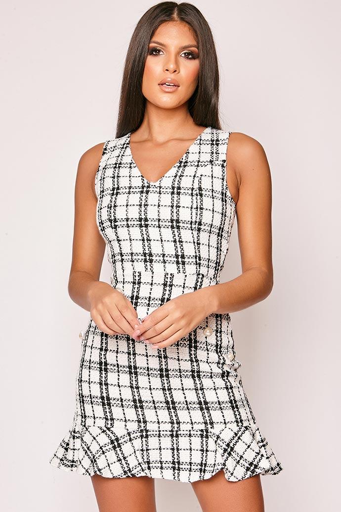 Asher - Checked Tweed Pear Detail Frill Hem Dress 